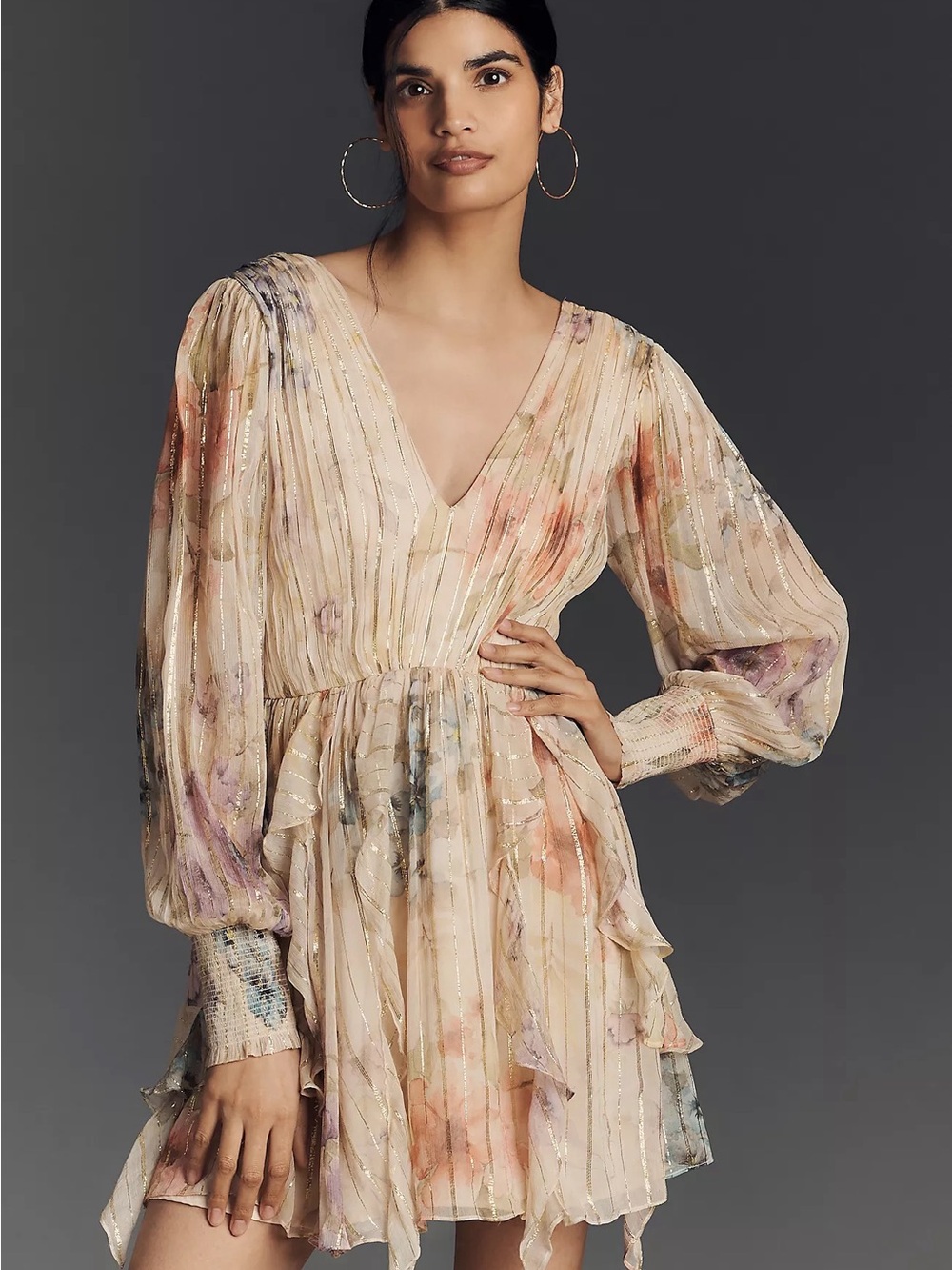 Blush Floral V-Neck Mini Dress with Metallic Stripes